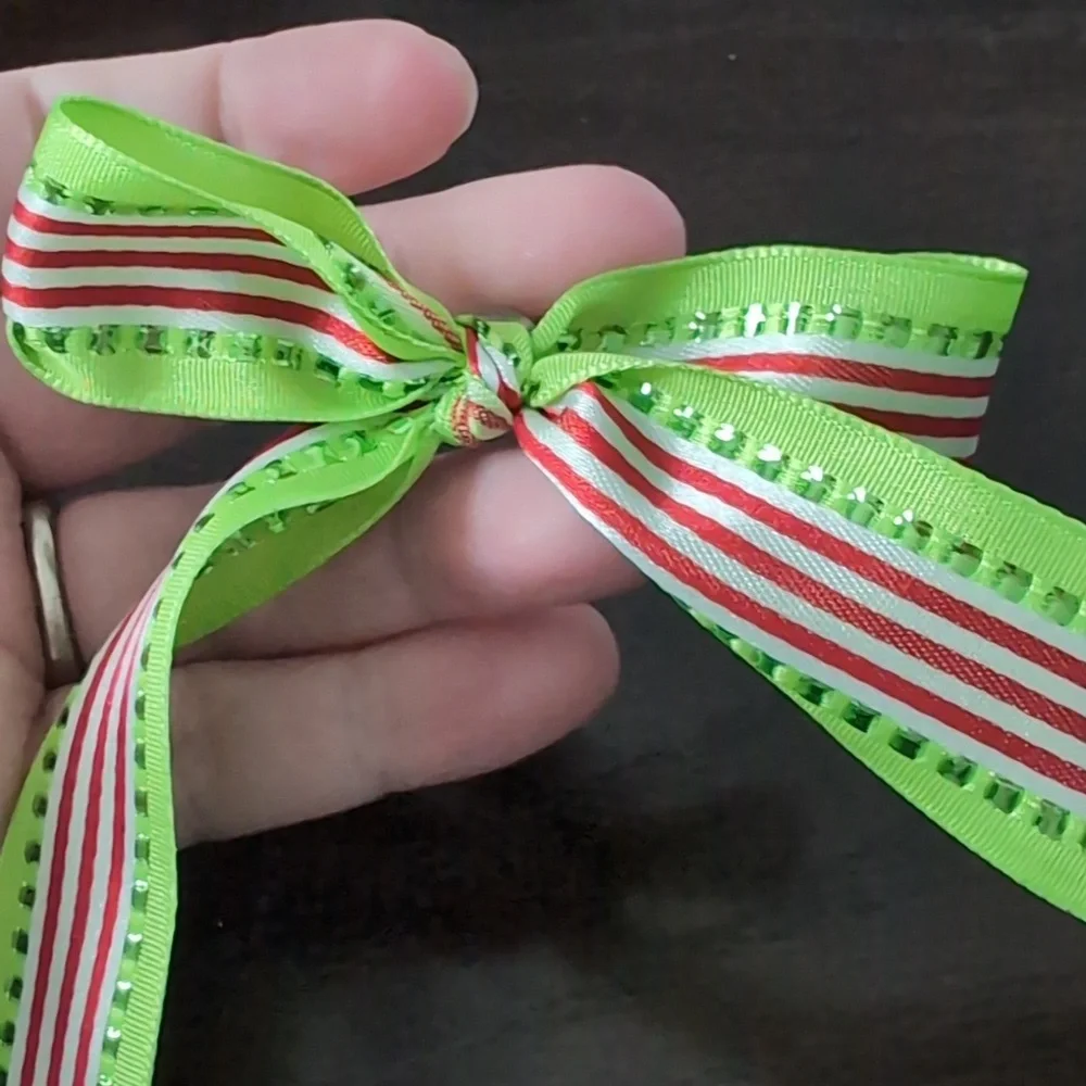 Festive Green and Red Striped Ribbon Bow